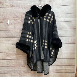 NORTHERN ANGEL HOODED PLAID PONCHO WITH BLACK FAUX FUR TRIM